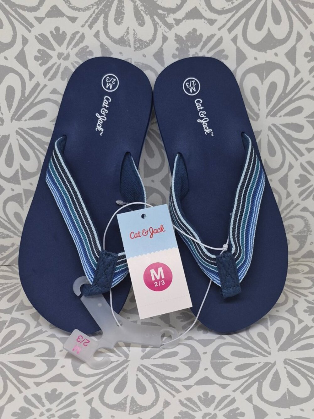 Cat & Jack Boy's Jami Flip Flops Blue Stripe Size M 2/3